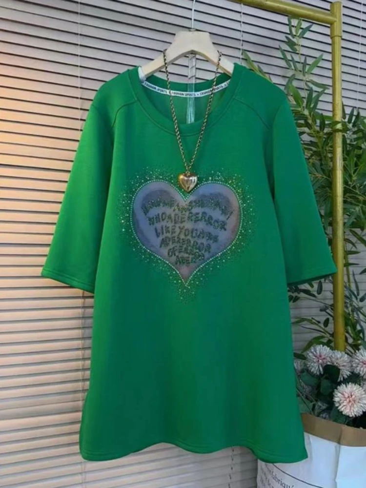 100กก.ผู้หญิงขนาดใหญ่ฤดูใบไม้ผลิฤดูร้อน2025ใหม่แฟชั่นTเสื้อผู้หญิงHeavy Industry Loveอเนกประสงค์Slimเสื้อยืดแนวโน้ม