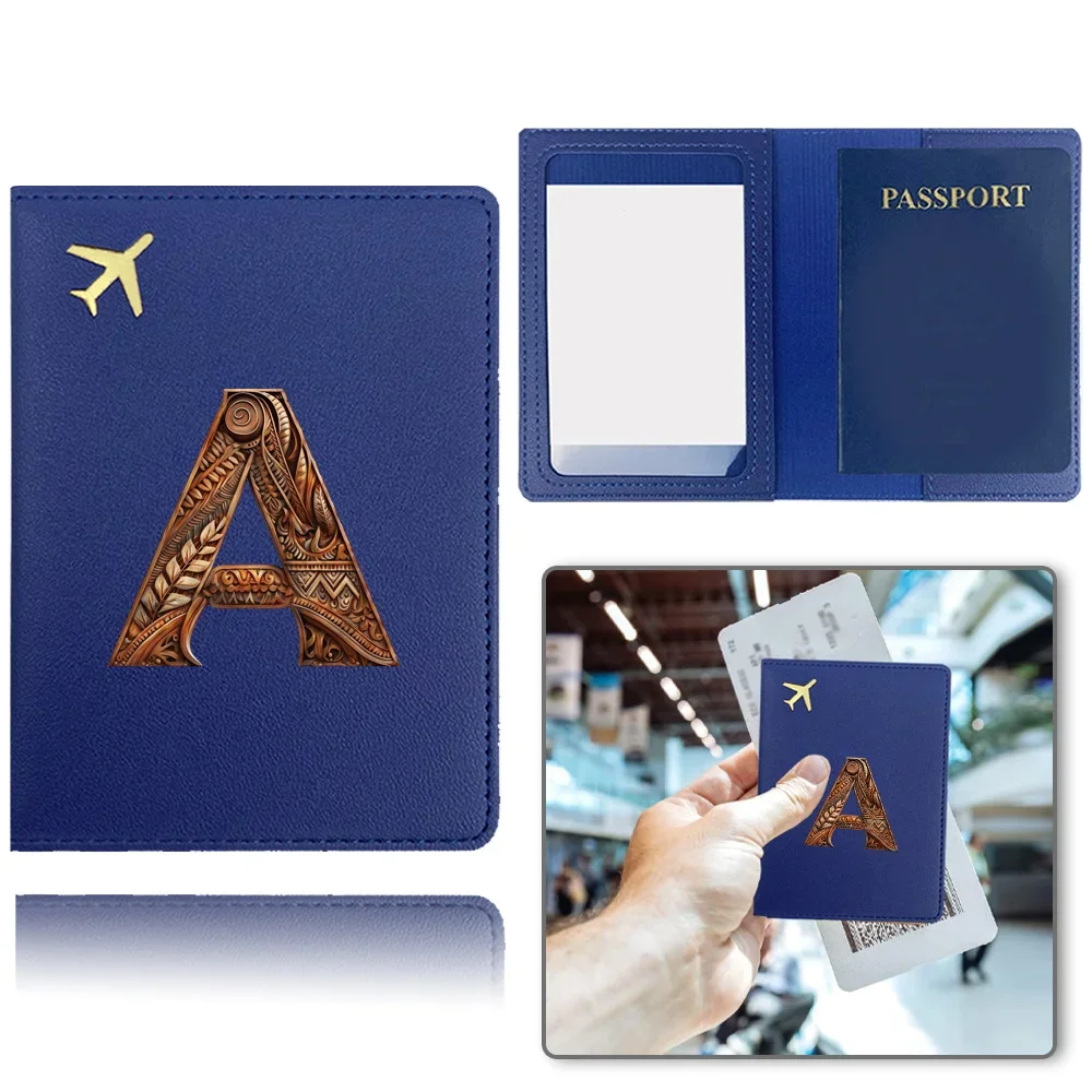 Custodia per passaporto in PU Tasca per passaporto aziendale Clip per organizer per carte bancarie da viaggio portatile Custodia per passaporto Modello di lettera artistica in legno