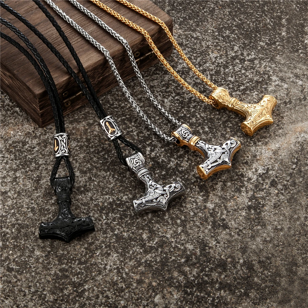 Gold Plated Norse Runes Beads Thor's Hammer Necklaces Men's Stainless Steel Mjolnir Pendant Vikings Anchor Amulet Male Jewelry view 5