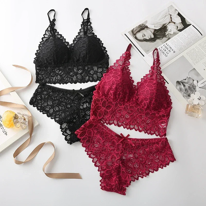 

Sexy Lace Bra Women Underwear Set Camisole Backless Vest Padded Bralette Embroidery Lace Sleep Lingerie 2-pieces Set
