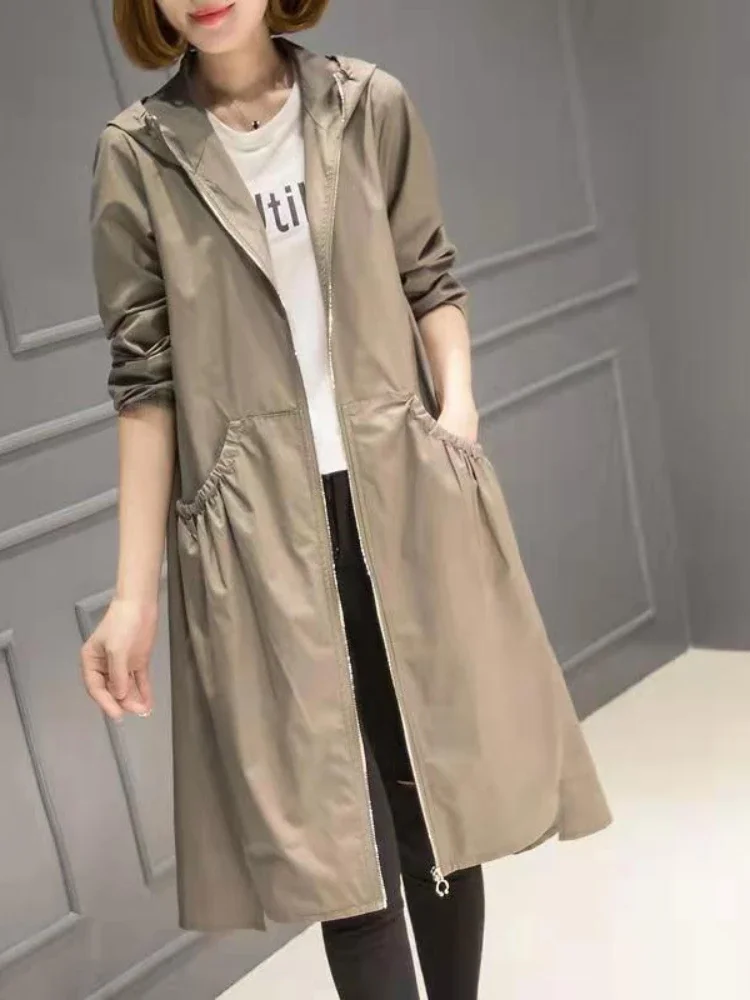 2024 Spring and Summer Women's Mid-length Hooded Trench Loose Korean Fashion Coats Thin and Light Windbreaker Women's Clothing