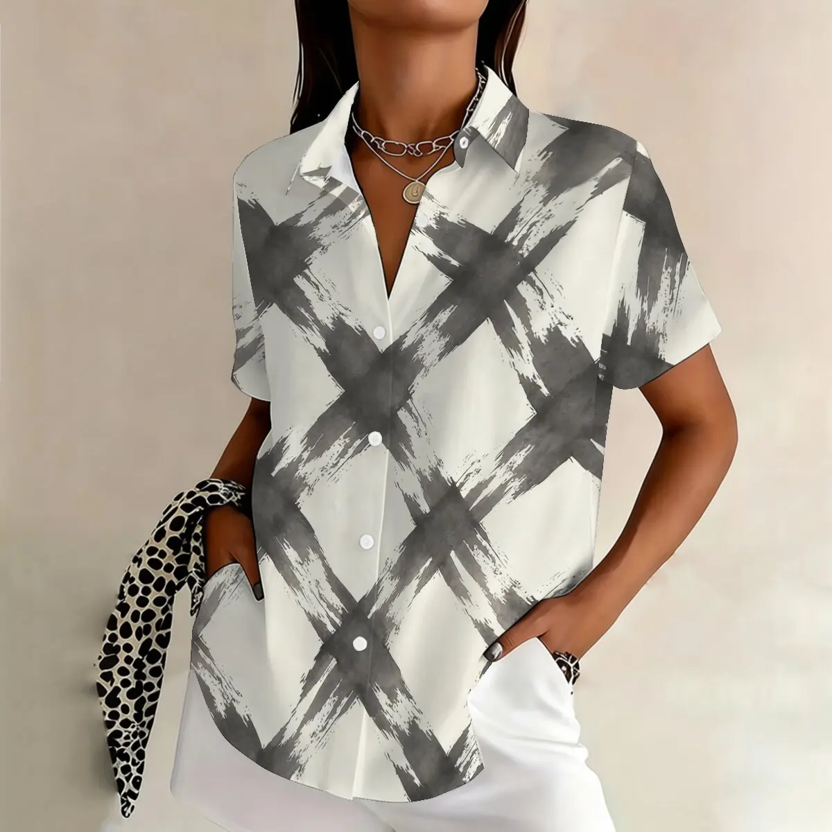 

Fashion plus-size women's summer printed lapel shirt, ink grid pattern, minimalist & sophisticated, artistic, casual, commute
