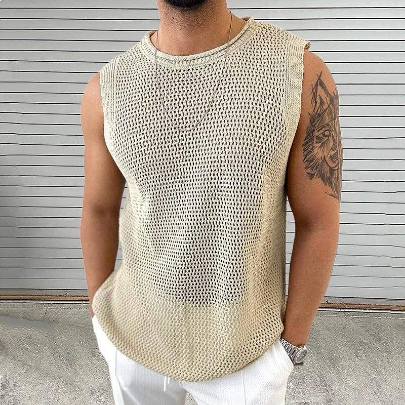 Men Knit Tank Top Sleeveless Knitted Vests Hollow Out Pullover Tee Spring Summer