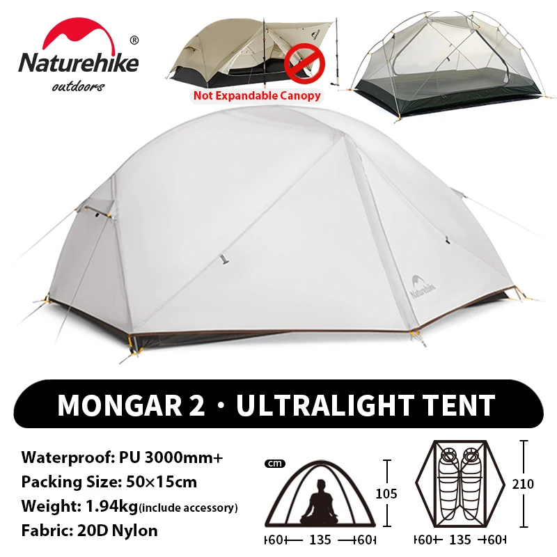 Naturehike Mongar UL 2-Zelt für 2 Personen, Rucksackzelt, 20D, ultraleichtes Reisezelt, wasserdicht, Wandern, Überleben, Outdoor, Campingzelt