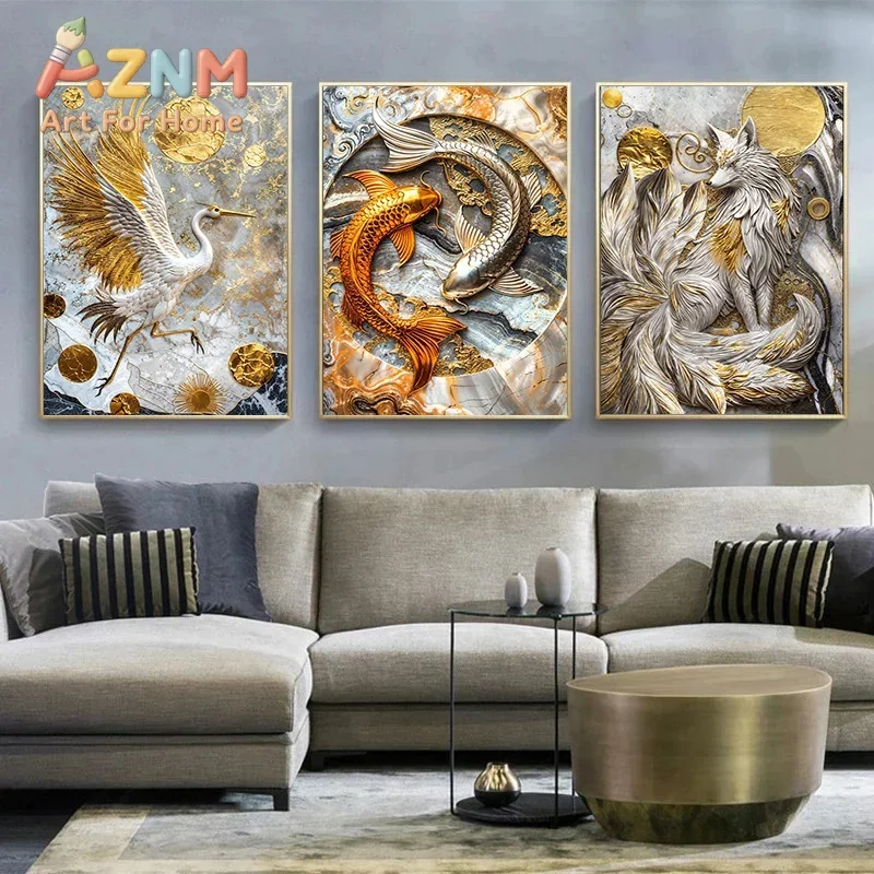 Precious Metal Abstract Art Animals Elegant Tiger Octopus Dragon Posters Prints Canvas Painting Modern Gold Art Mural Home Decor