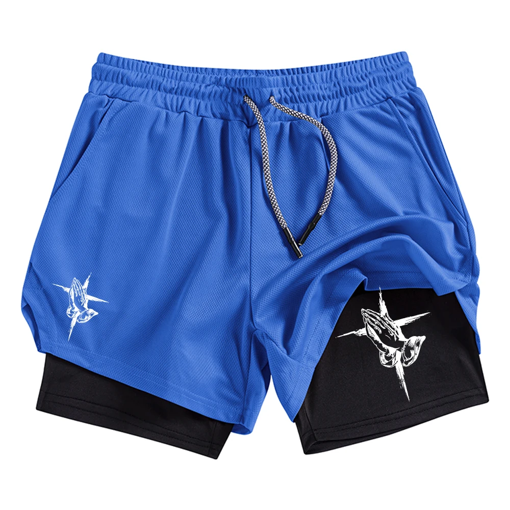 

Men's Prayer Hand Print Sports Shorts Quick Drying Breathable Fitness Cycling Double Layer Shorts Multiple Colors Available