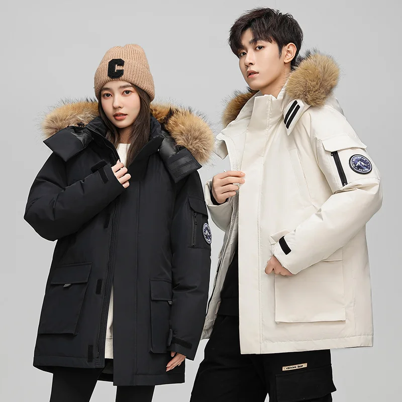 

Autumn Winter Unisex Mid-Length Down Jacket Fur Collar Hooded Solid Color Loose Fit Casual Thickened Warm Parka Coat