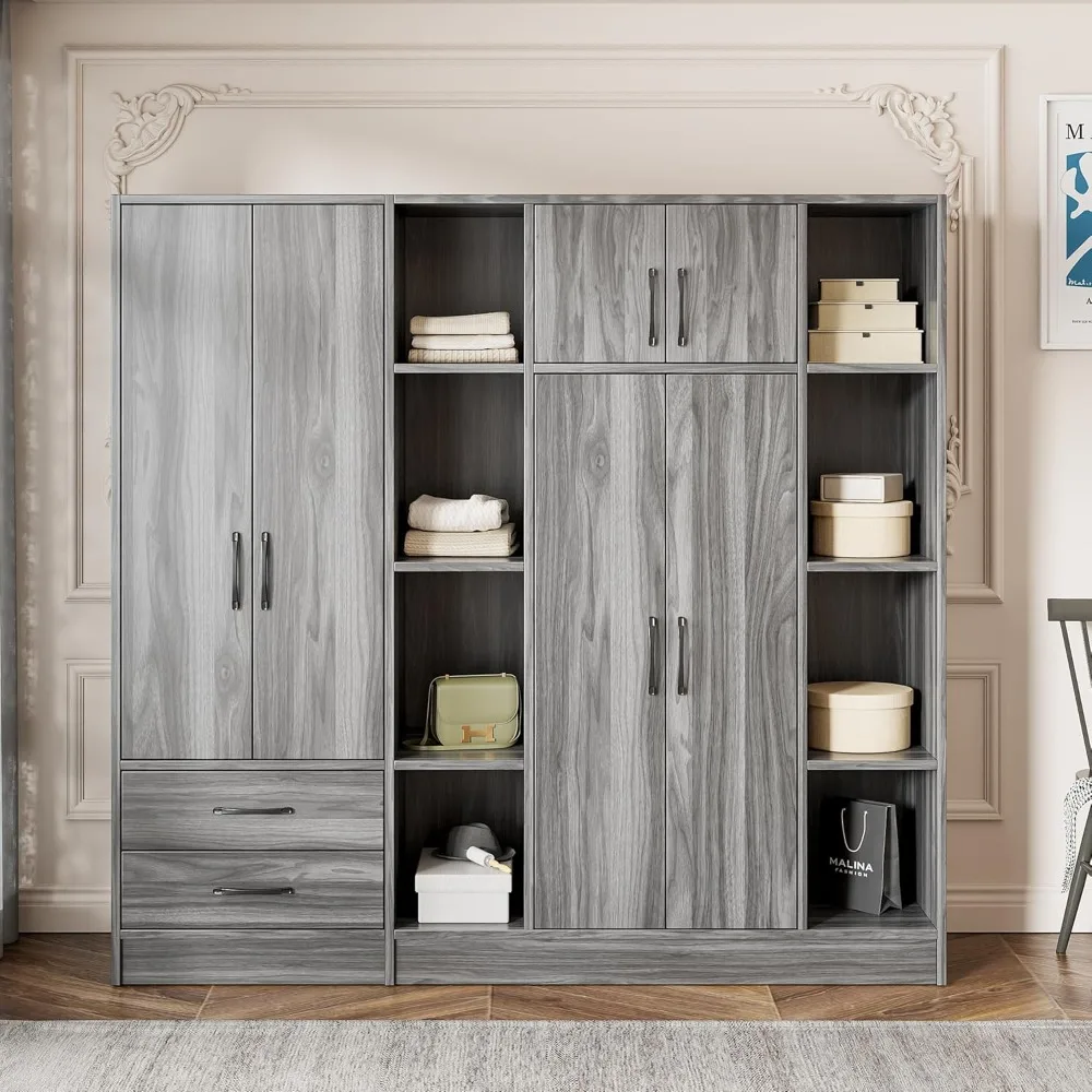 

6 Doors Wardrobe Closet Organizers and Storage, Wooden Wardrobe Storage with 2 Drawers and Shelves for Bedroom, Laundry Room