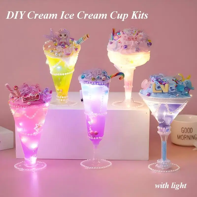 DIY Luminous Ice Cream Sundae Cup Kit, Cream Glue Crystal Mud Craft Set, Pretend Play Food Toy, Perfect Gift for Girls Aged 6+