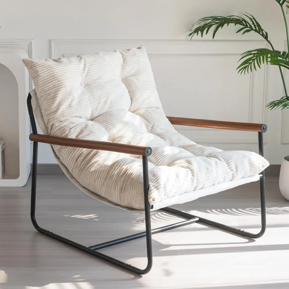Modern Accent Chair, Comfy Living Room Chair with Metal Frame Wooden Armrest, Upholstered Armchair with Soft Cushion