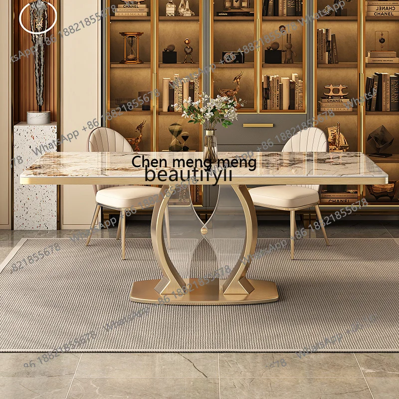 z183 Rock slab dining table and chair combination titanium stainless steel chassis bright large plate dining table light luxury