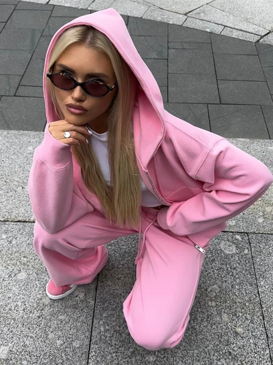 

Повседневный комплект из худи с длинными рукавами и брюк, женский спортивный костюм на молнии, длинные брюки, удобный, дышащий, модный летний наряд