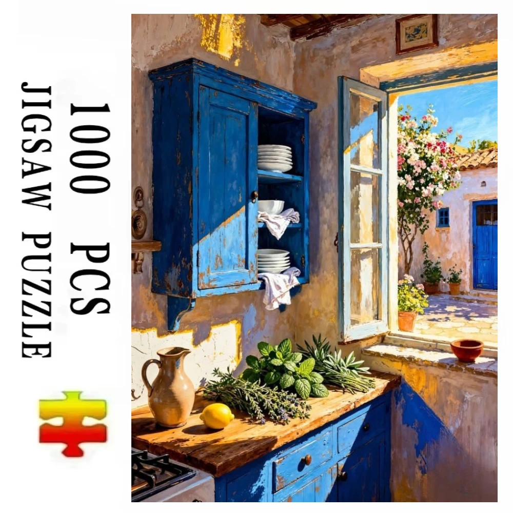 Rustic Kitchen Jigsaw Puzzle, Mediterranean Window View 500/1000/1200/2000 PCS Wall Decor for Living Room Bedroom Gift No Frame