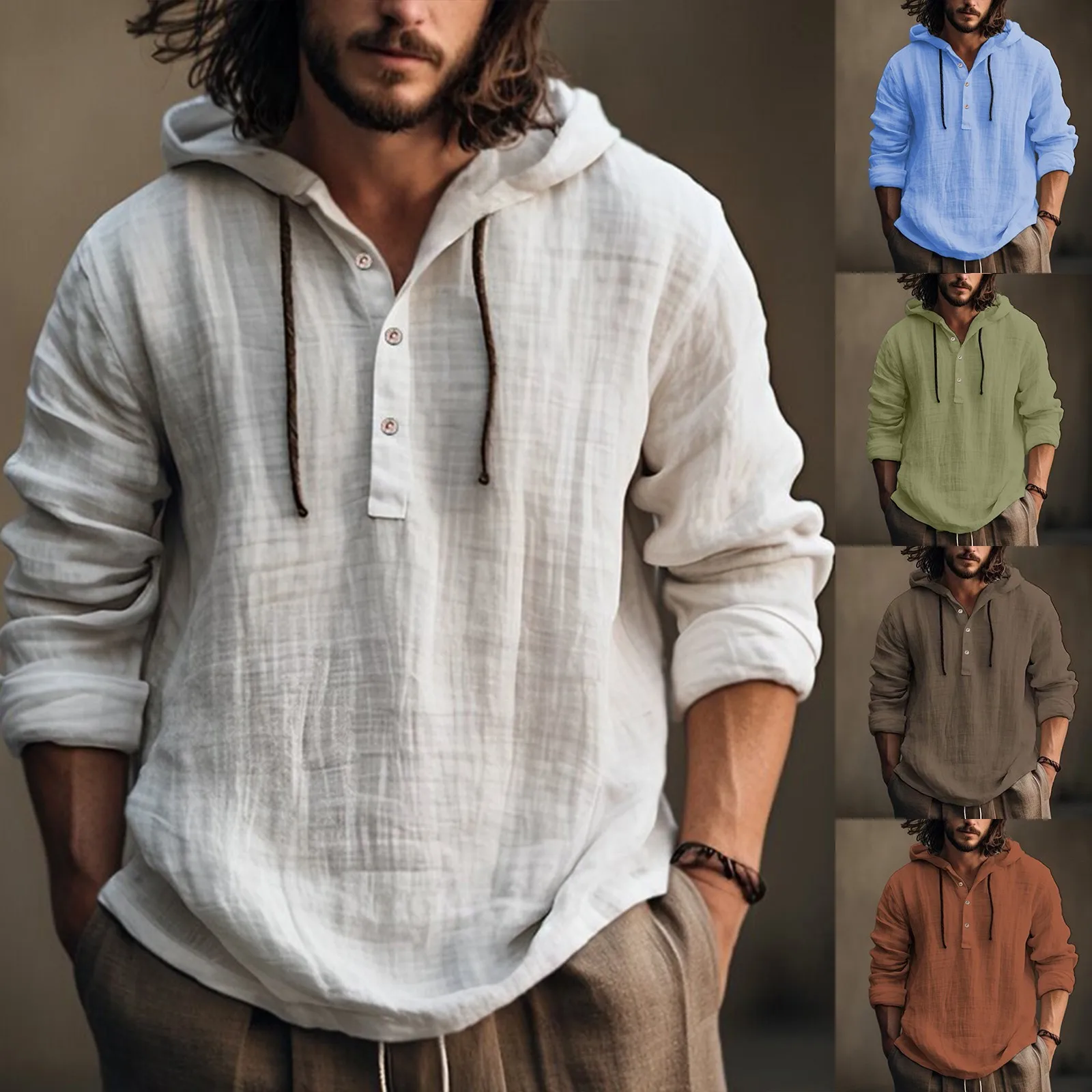 Spring And Autumn Men'S Solid Color Long-Sleeved Cotton And Linen Casual Hooded Sweatshirt New In Hoodies & Sweatshirts