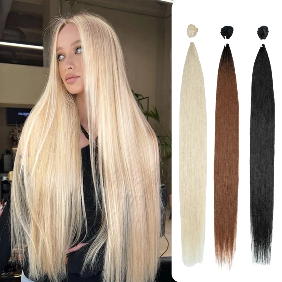 Yaki Straight Hair Extension Salon Natural Synthetic Hair Bundles Colorful High Temperature Fiber Blonde Fake Hair