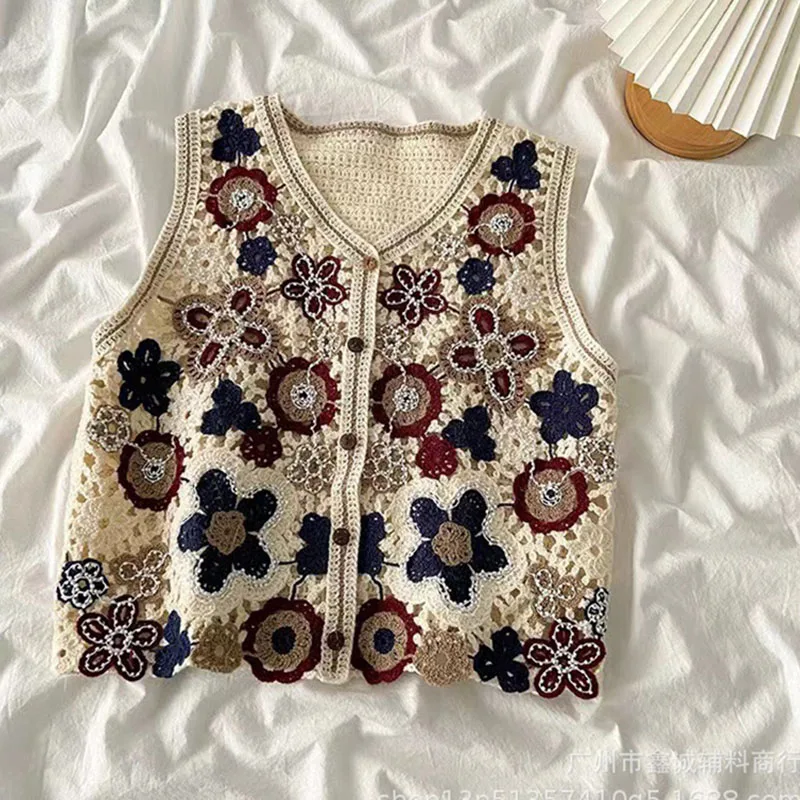 Boring Honey Retro National Style Beaded Crocheted Blouse  Flower V-Neck Top Women Summer Hollow Thin Single-Breasted Cardigan