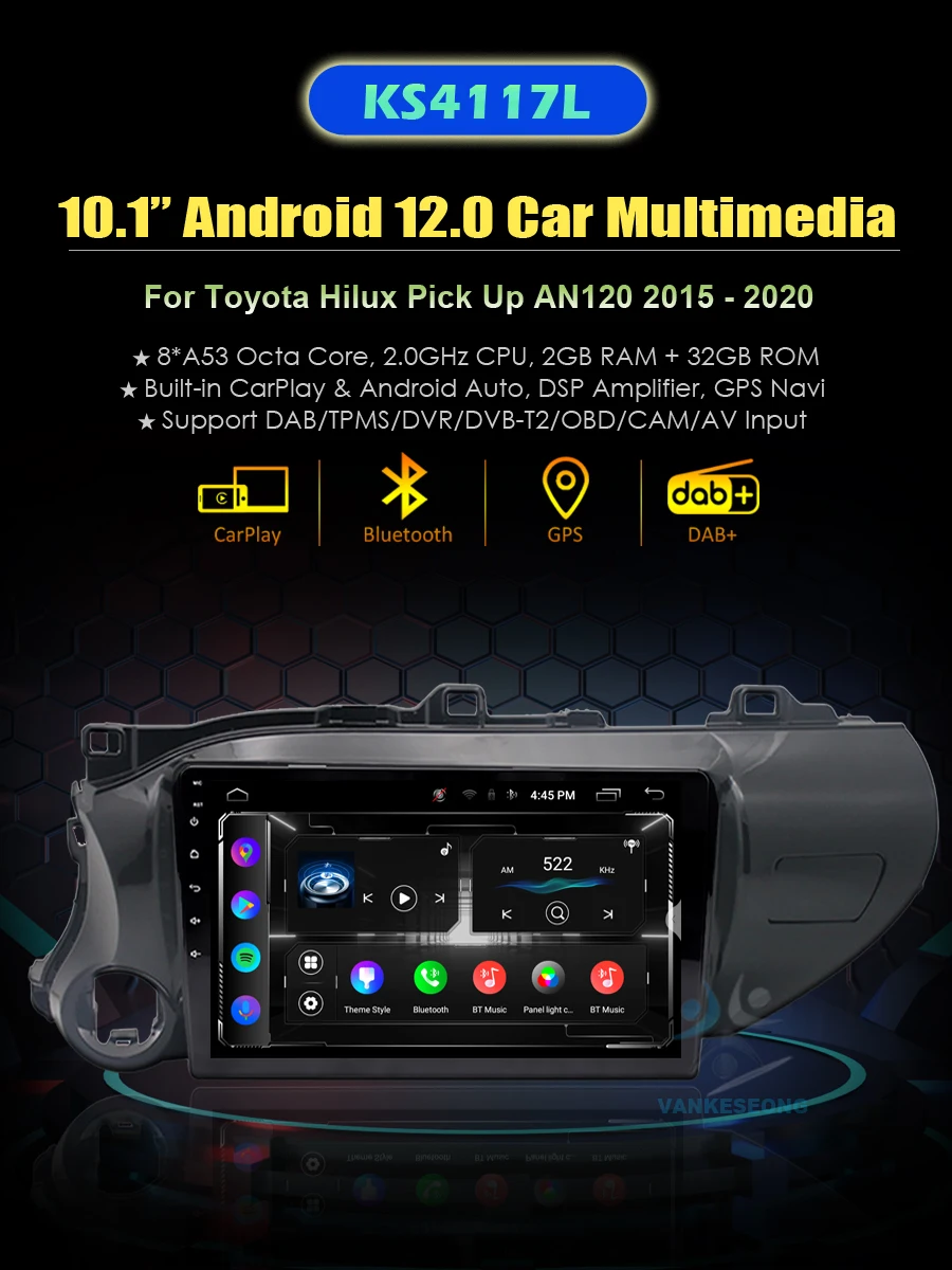 10.1 inch Android 12 Car Radio Touchscreen Multimedia Player For Toyota Hilux Pick UP AN120 2015-2020 CarPlay Android Auto GPS