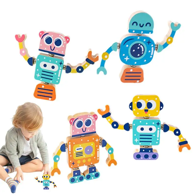 Bouwspeelgoed voor kinderen Houten robotbouwspeelgoed Educatieve blokken Stemkits 4-delige creatieve spelrobotbouwset voor jongens