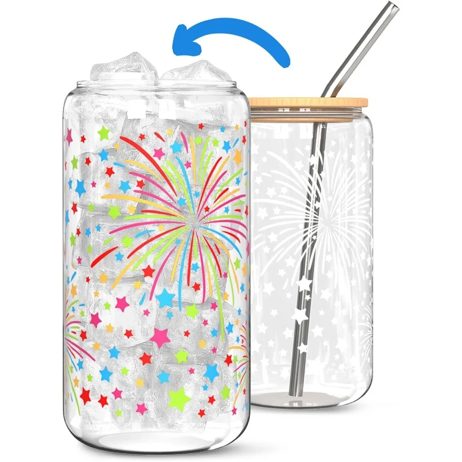 

Color-Changing Glass Cup 16oz with Bamboo Leakproof Lid and Steel Straw - Reusable Tumbler for Iced Coffee Smoothie Cocktail Br