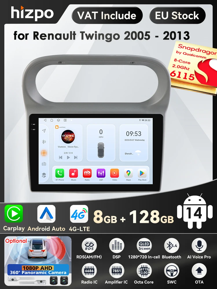 Hizpo 9 Zoll Carplay 4G 2 Din Android 14 Autoradio für Renault Twingo 2005-2013 Multimedia Video Player GPS DSP WIFI AI Intelligente Systeme Autoradio Stereo Snapdragon von Qualcomm 8-Core 2,0 GHz