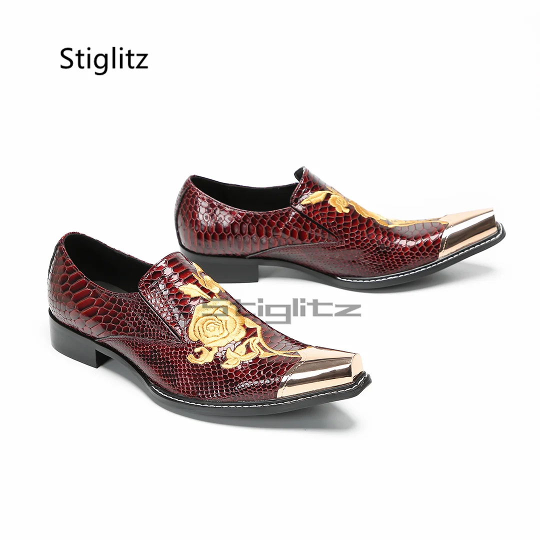 

Men's Gold Rose Embroidery Leather Shoes Trendy Genuine Leather Dress Low Heel Metal Pointed Toe Casual Business Banquet Shoes