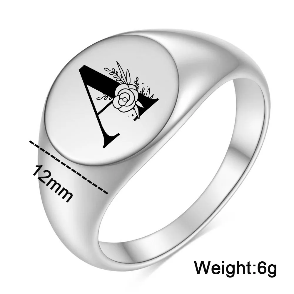 Stainless Steel Flower A-Z Letter Silver Color Finger Ring For Women Men Statement Fashion Rings Minimalist Engrave Jewelry Gift