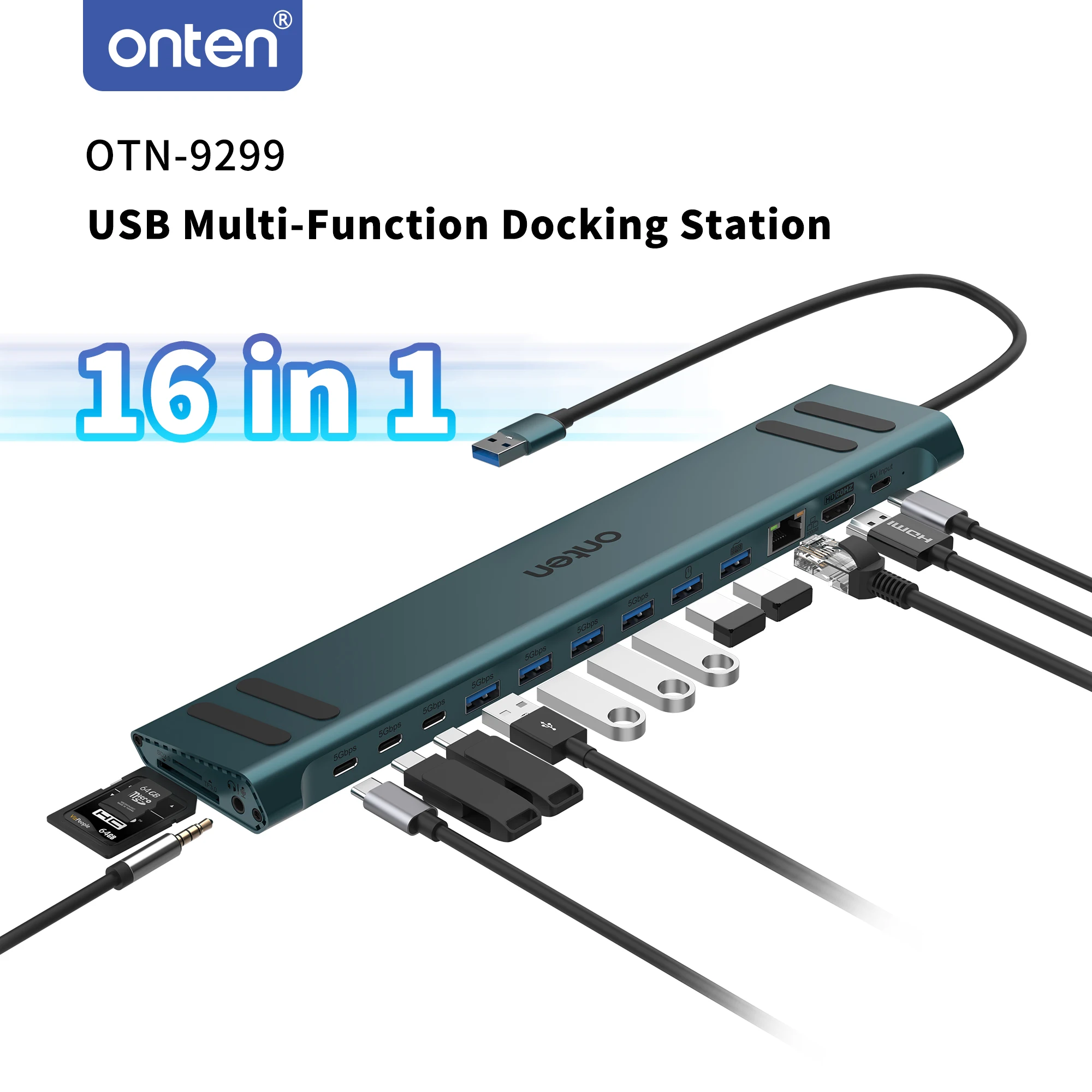 

ONTEN 9299 16 Port USB C Hub, Laptop Docking Station with HDMI 4K, USB 3.0 Ethernet PD Charging for Desktop & Notebook