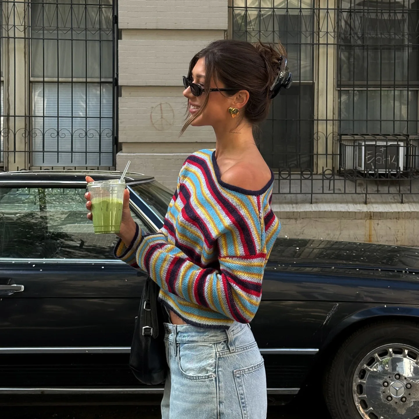 

Combhasaki Womens Off Shoulder Knitted Top Loose Fit Casual Y2K Colorful Striped Contrast Color Long Sleeve Crop Sweater Jumpers