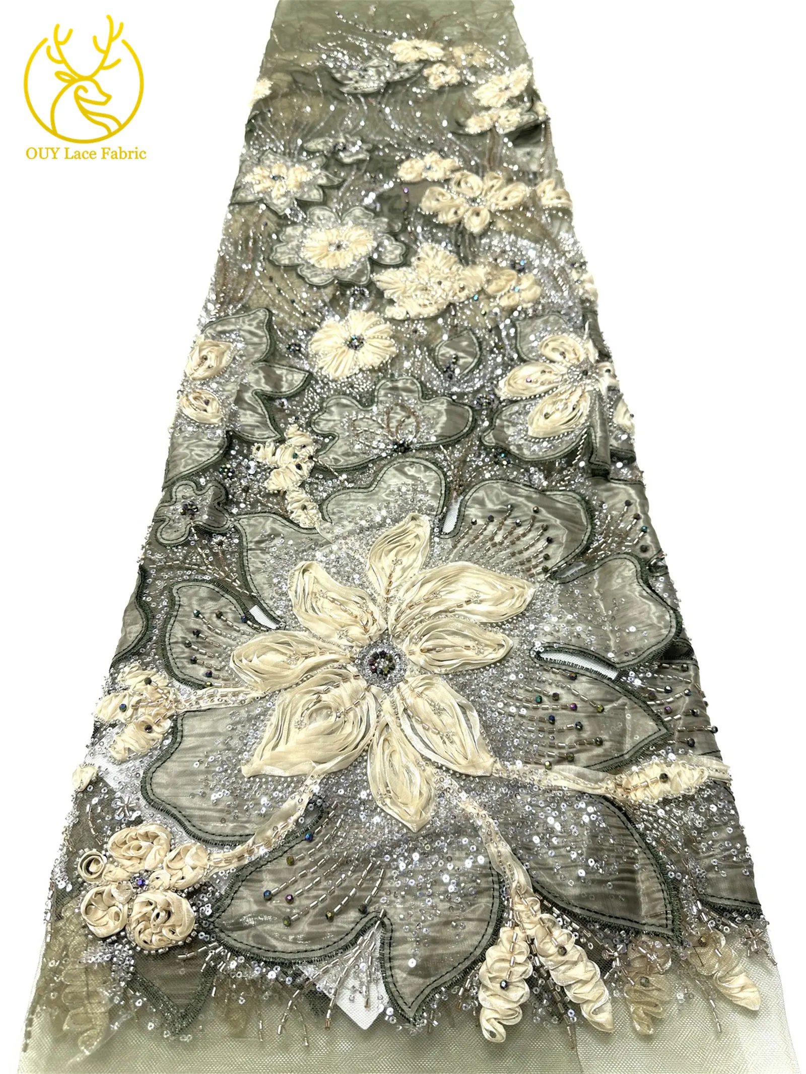 3D-Blumen-Tüll, afrikanischer Spitzenstoff, eleganter französischer nigerianischer Perlen-Pailletten-Mesh-Spitzenstoff für Damen, Hochzeitskleid-Design-Stoff – Detail 17