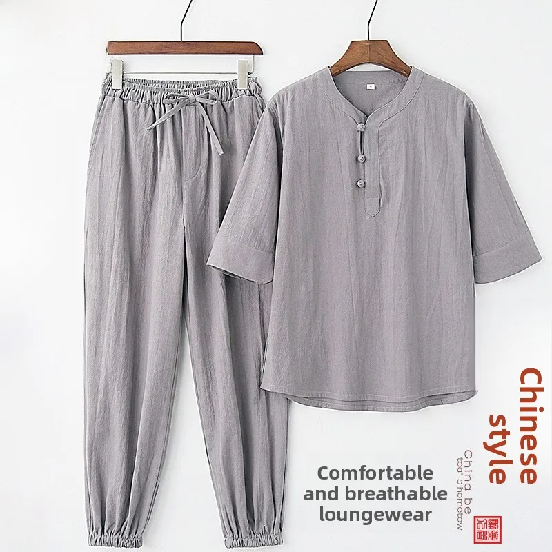 

Loose Linen Men's Zen Sle Tea Ceremony Clothing Summer Lay Brother Meditation Daoist Robe Set Casual Sportswear Ensemble