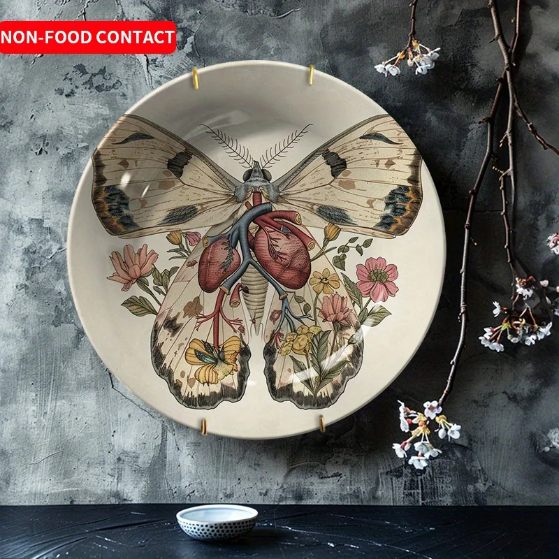 1pc Art Deco Butterfly Anatomy Ceramic Plate - Heart & Lungs Design with Floral Accents, Non-Food Contact Decorative Display
