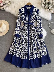 Fashion Designer Vintage Floral Print Maxi Dress Women Turn Down Collar Bow Lace Up Contrast Color Runway Long Robe Vestidos