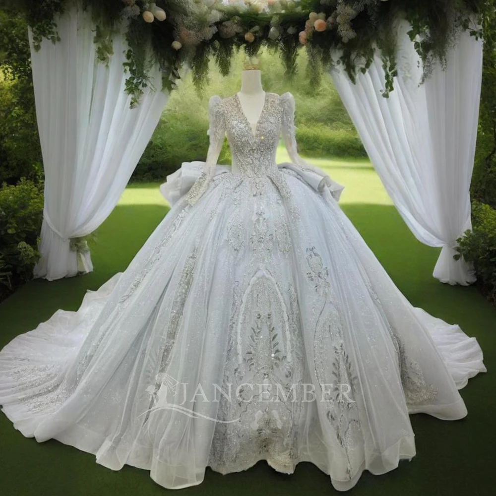 

Gorgeous Ivory V-neck Ball Gown Sequin Lace Up Wedding Dress 2025 Vintage Long Sleeves Sweep Train Bridal Gown vestido de novia