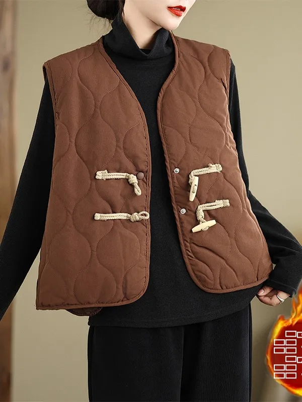 

Women's Autumn Winter Thiened Warm Retro Button Versatile Loose Casual Vest Korean Sle f High Collar Regular Length