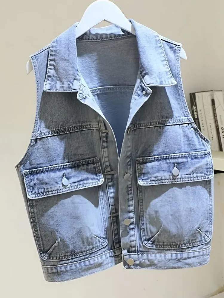 

Simple Denim Vest Women's Spring Autumn Loose Large Size Layering Sleeveless Collar Stand-Up Versatile Youthful Big Pocket Vest