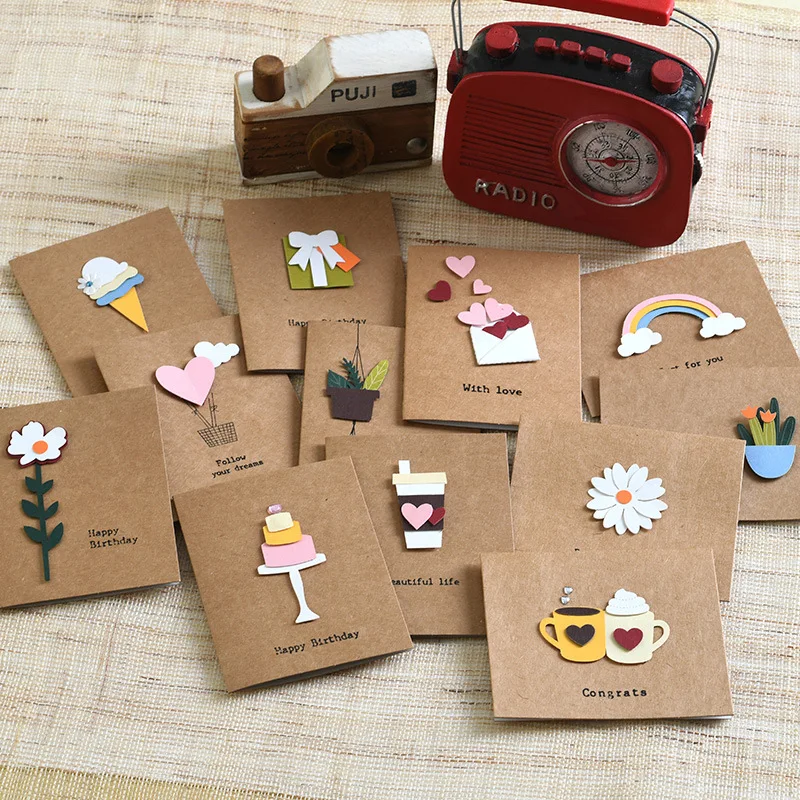 Retro Mini Papel Kraft Etiqueta 3D, Cartão De Aniversário, Cartão De Bênção, Amante Obrigado Cartão, 10Pcs por Saco