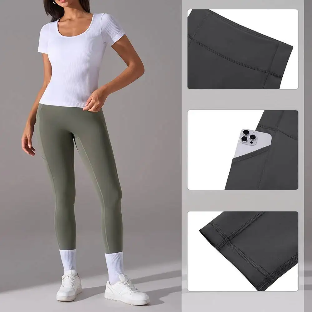 

Women S Ankle Length Yoga Leggings With Pockets Naked Feeling Peach Booty Shaping Tummy Control Slimming Running Workout Pants