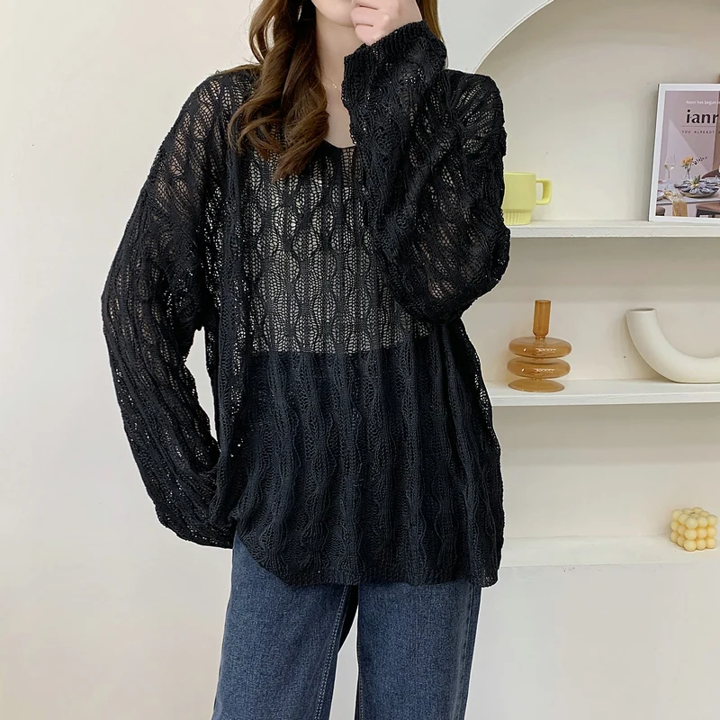 Nuovo autunno abbigliamento da donna Hollow girocollo da donna a maniche lunghe tinta unita Top maglione casual maglione allentato maglieria