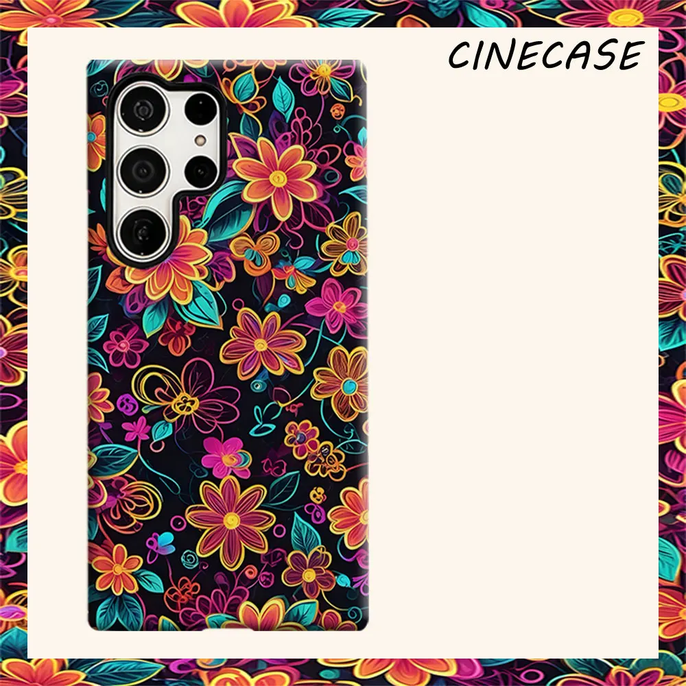 Neon Outline Tropical Floral For Samsung Galaxy S26 S25 S24 A56 A36 Dual Layer Luxury Fashion Full Lens Protective Case