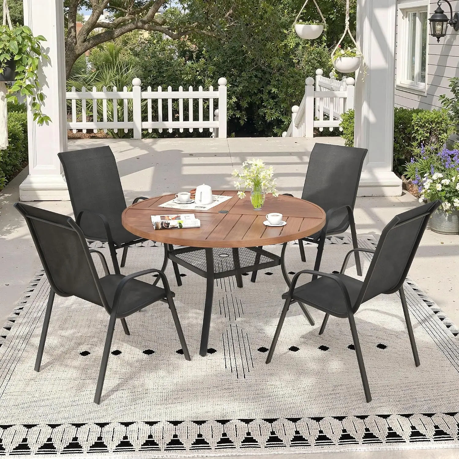 Outdoor Dining Set 5-Piece Spliced Table with Umbrella Hole & Stackable Chairs for Deck Garden Porch, Black & Walnut, Customized