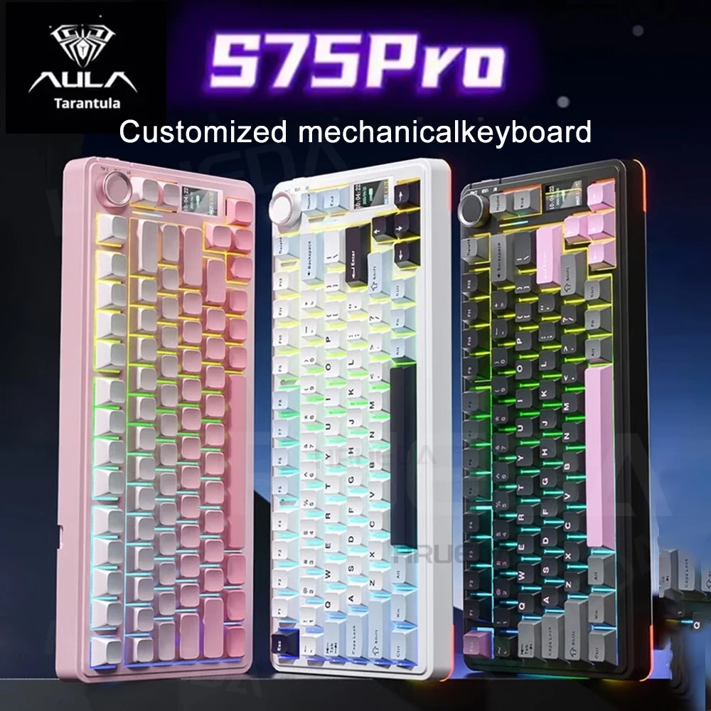 

AULA S75Pro Wireless Mechanical Keyboard Customized Tri-mode Gasket Structure Hot-Swap RGB 4000mAh Screen Display Gaming Keyboar
