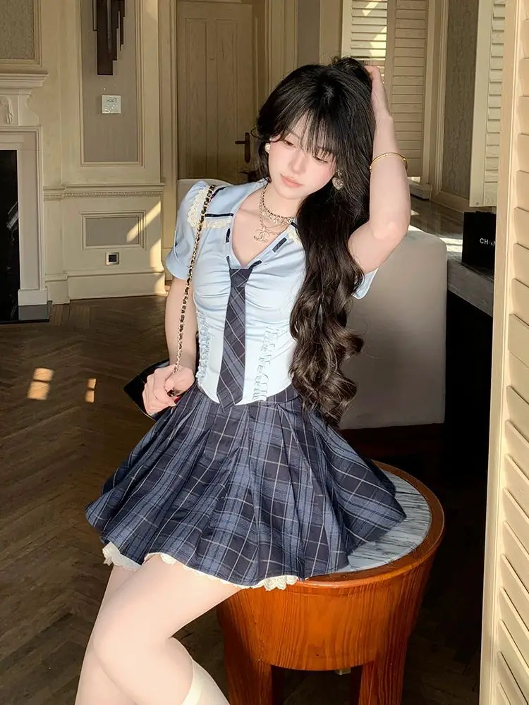 Summer New Preppy Y2K 2 Piece Set Women Slim Fit Lace Trim Tie Detail Plaid Shirt High Waist Pleated Skirt Daily Casual Outfit view 5