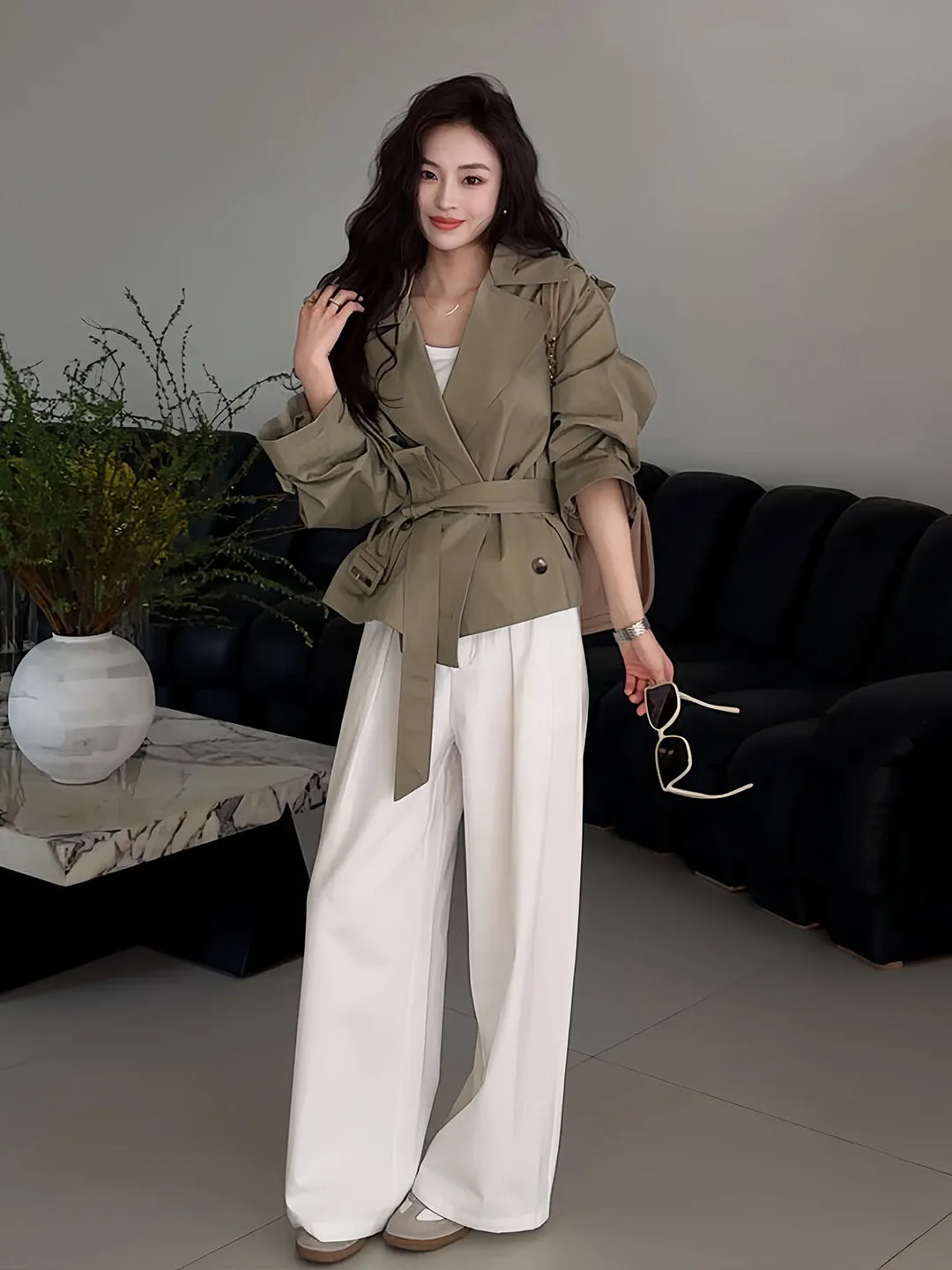 Burgundy Short Coat Casual Style Women's Jacket with Belt Autumn Winter New Arrival Leisure Commuting Outerwear