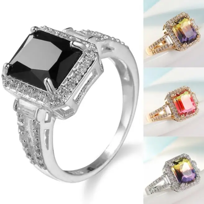 Luckyshine Square Black Onyx Multicolor Tourmaline Gemstone Gold Plated Silver Rings for Holiday Gifts