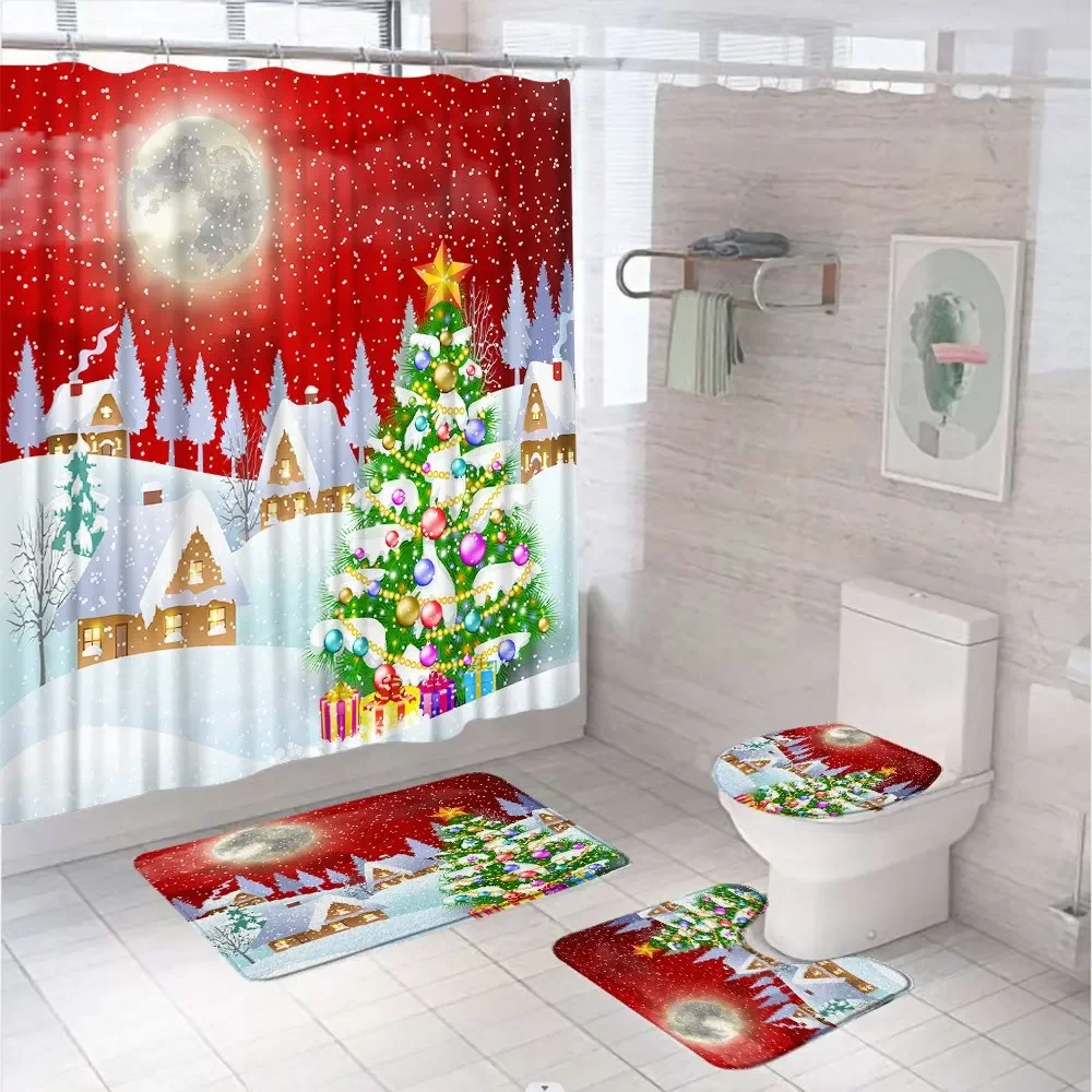 Winter Snowy Forest Bathroom Set Shower Curtain Rug Bath Mat Toilet Cover Snowflake Christmas Xmas Rustic Farmhouse Bath Screen