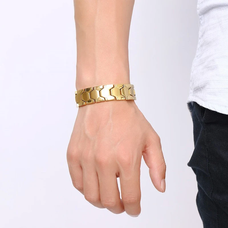 Vinterly Football Style Bracelets Men Gold-color Germanium Magnetic Stainless Steel Chain Link Jewelry Waterproof 18mm Magnets
