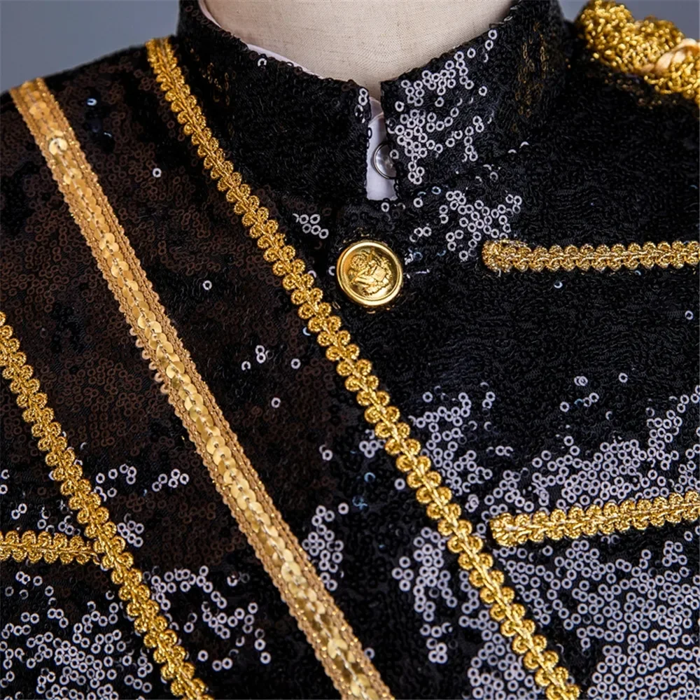 Men Sequin Uniform MJ Dance Wear Glitter Black White Vintage Michael Jackson Stage Jacket with Tassel