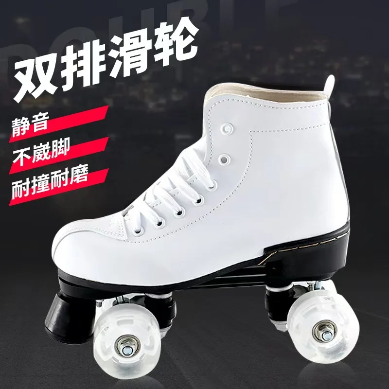 

PU Roller Skates for Adults, Double-row Skating, Sliding Inline, Quad, Black and White, Four-Wheel Flash Shoes for Men and Women