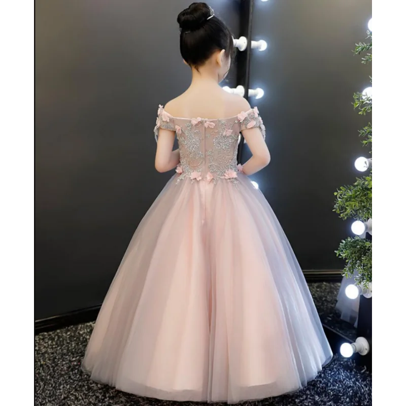 Glizt Appliques Lace Girl First Communion Dresses Floral Tulle Ball Gown Girls Pageant Gown Long Flower Girl Dress for Weddings