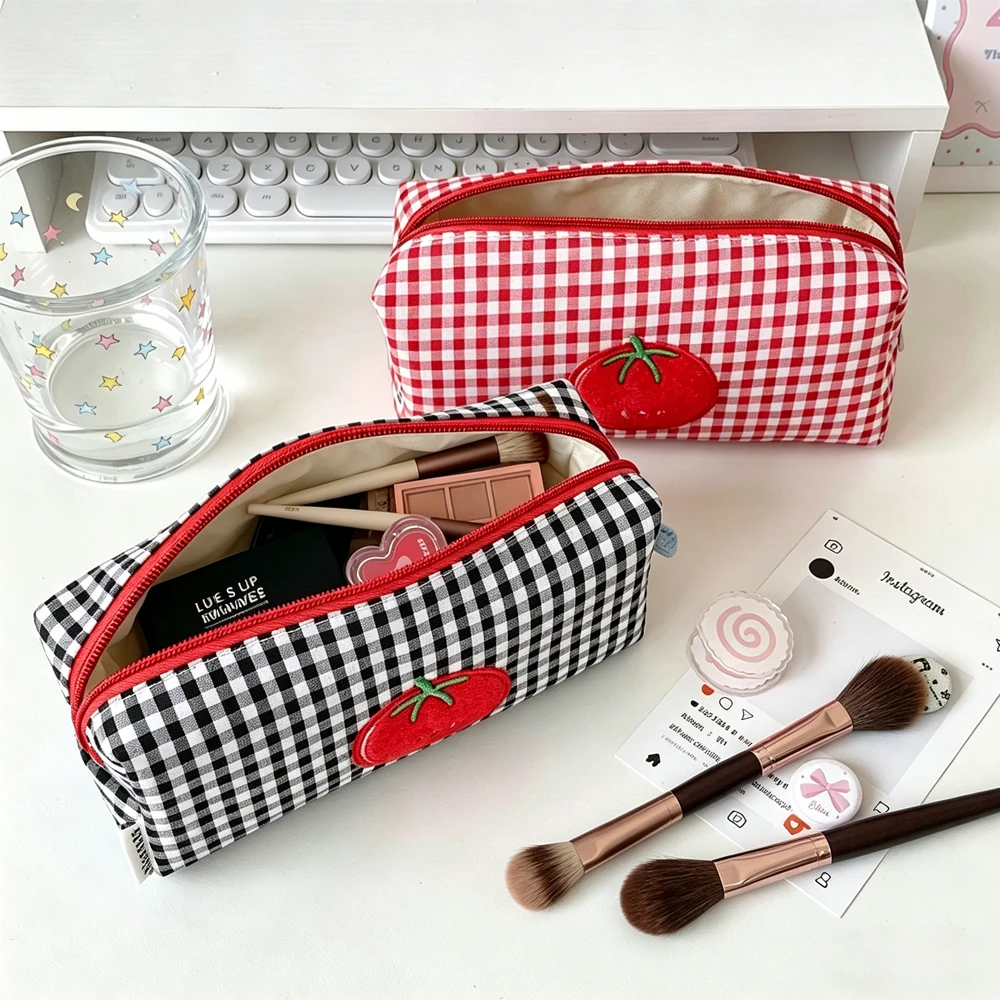 A Tomato-Colored Checkered Makeup Bag, Makeup Brush Storage Bag, Portable Large-Capacity Stationery Pencil Case